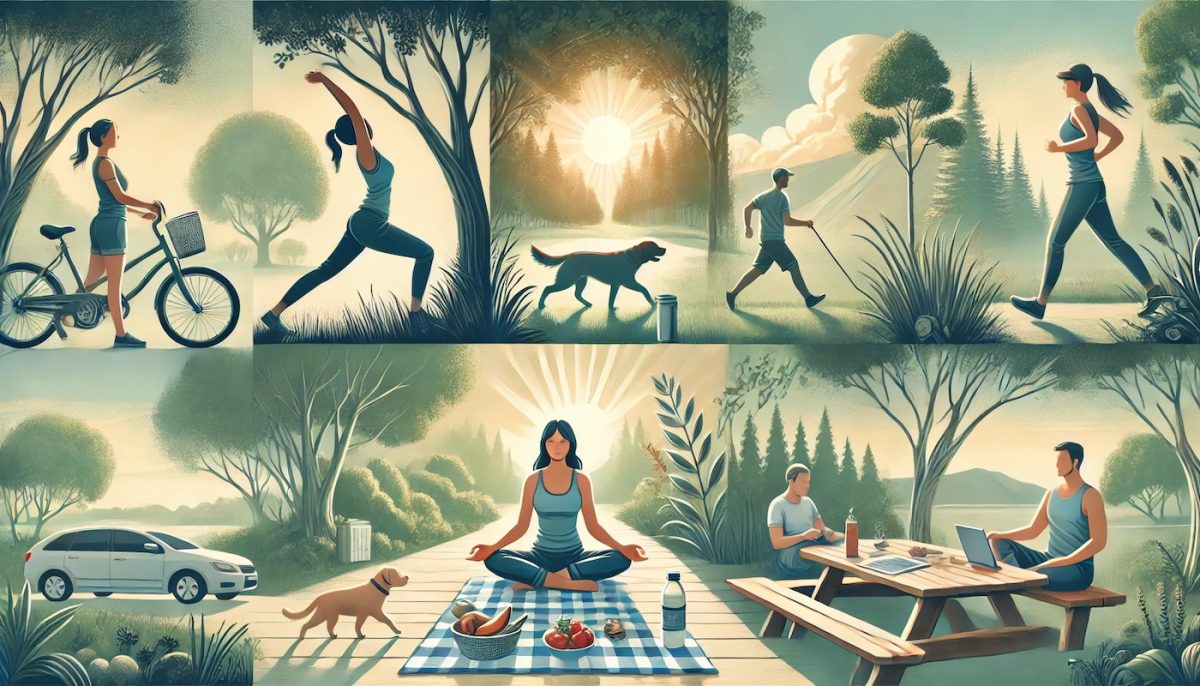 Persona estirándose bajo un árbol, alguien paseando a un perro, otra persona meditando en un banco y un picnic con snacks saludables en un entorno al aire libre.