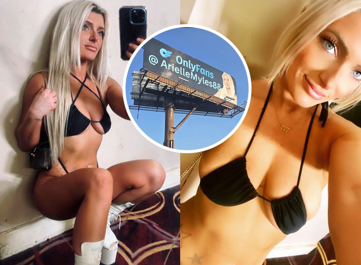 Meighan Baker en bikini promocionando su cuenta de OnlyFans en vallas publicitarias